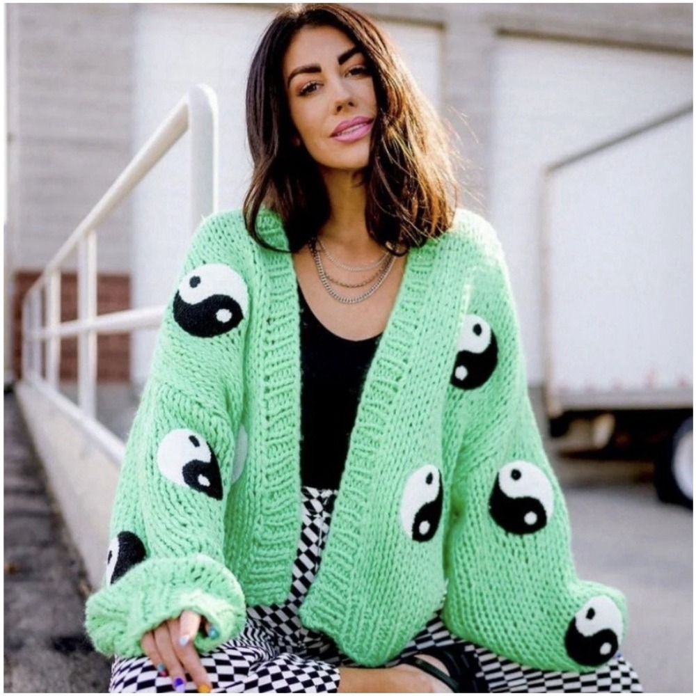 Dressed in LALA Visionary Cardigan Vibrant Green Yin Yang Cardigan Small